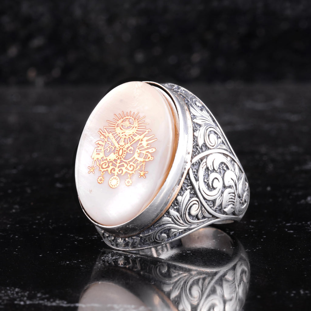 KAMBO Mother of Pearl Large Men's Ring - 925 Sterling Silver Ottoman Empire Symbol Ring - Large Oval Handmade Statement Ring (Mother of Pearl Ottoman Coat of Arms) — 6