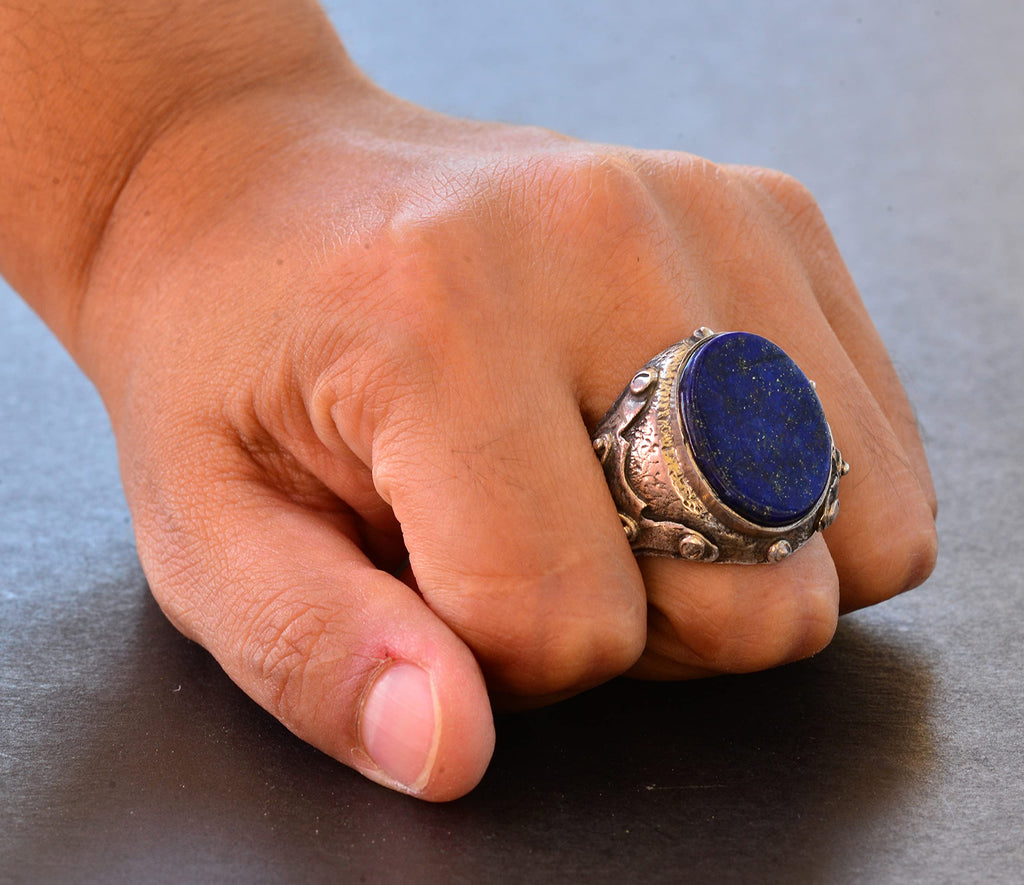 Men's Natural Lapis Lazuli Ring, 925 Sterling Silver, Handcrafted Medieval Design — 7