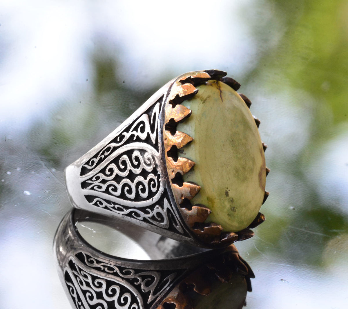 Natural Green Turquoise Ring, Silver Green Turquoise Ring, 925 Sterling Silver Men's Ring, Large Ring — 4