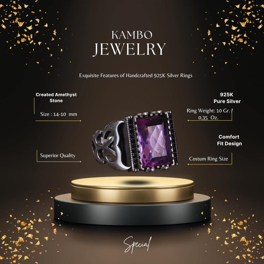 KAMBO Sultan Men's Ring, 925 Sterling Silver Ring, Handmade Unique Ring, Created Amethyst Stone Ring, Gift for Himself — 2