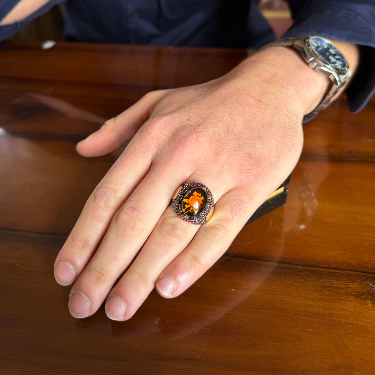 KAMBO Natural Amber Rose Pattern Men's Ring - 925 Sterling Silver Oval Seal Ring, Handmade Vintage Jewelry — 3