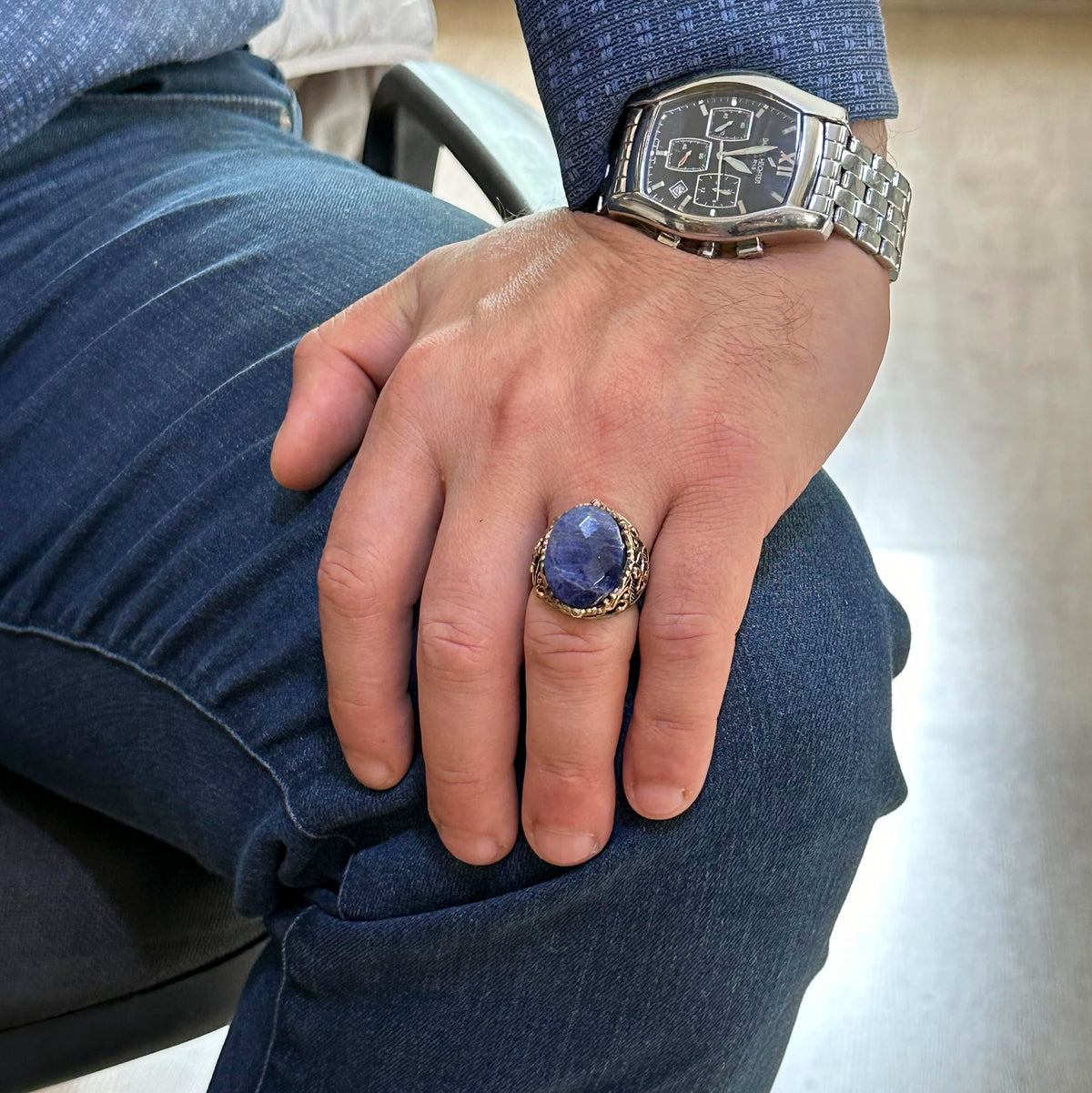 Nautical Anchor Silver Ring, Natural Stone Ring, 925 Sterling Silver Ring (Sodalite) — 3
