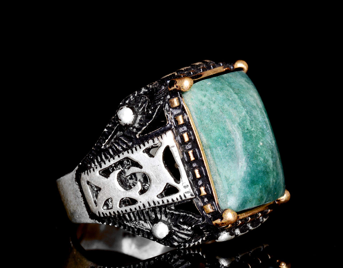KAMBO Men's Silver Ring - Natural Rectangular Jade Gemstone — 4