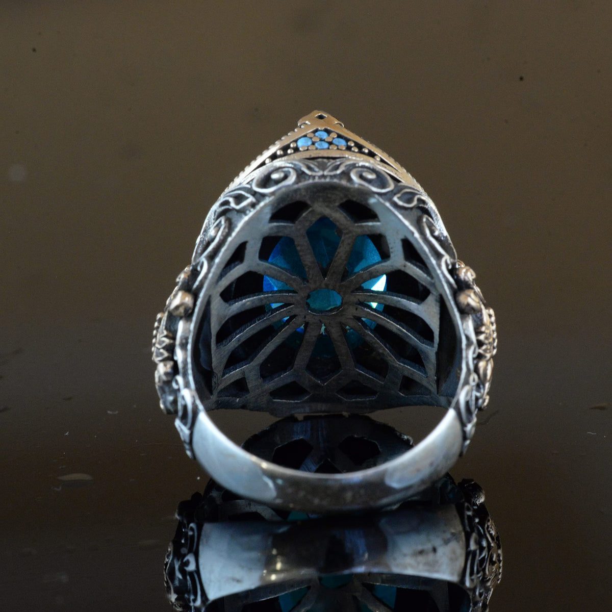 Handcrafted Artificial Stone Ring - 925 Sterling Silver Men's Jewelry (Blue Cat Eye) — 8