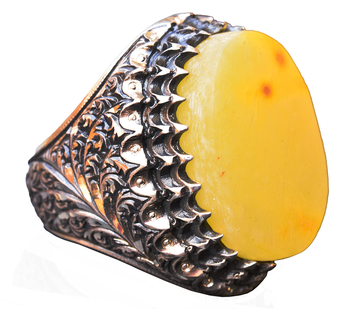 KAMBO Handmade Natural Amber Men's Ring in 925 Sterling Silver | Bold Gemstone Statement Jewelry | Vintage Inspired Desi