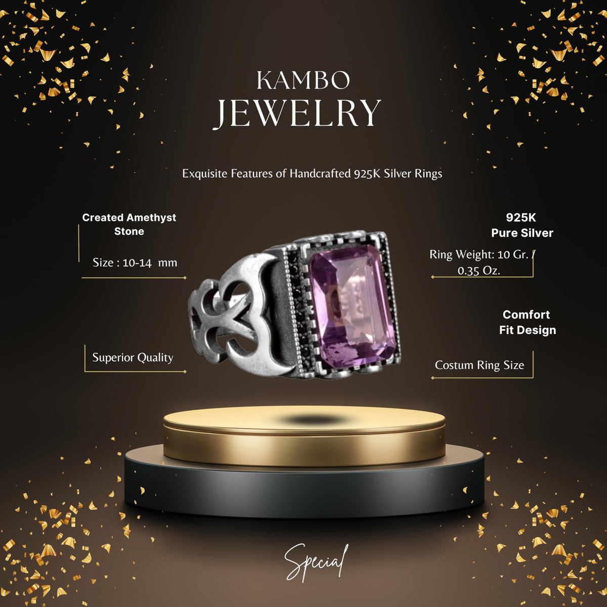 Natural Amethyst Stone Ring, 925 Sterling Silver Men's Ring — 2