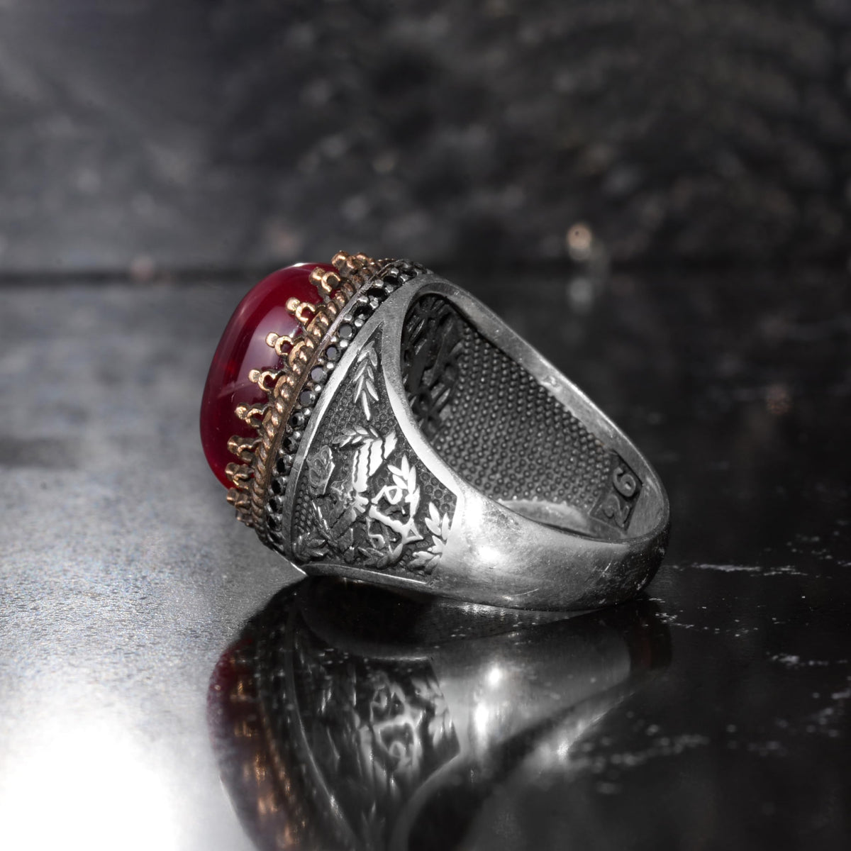 KAMBO Natural Star Ruby Stone Ring for Men 925 Sterling Silver Bronze Frame Handmade Ottoman Style Statement Ring Asterism Ruby — 6