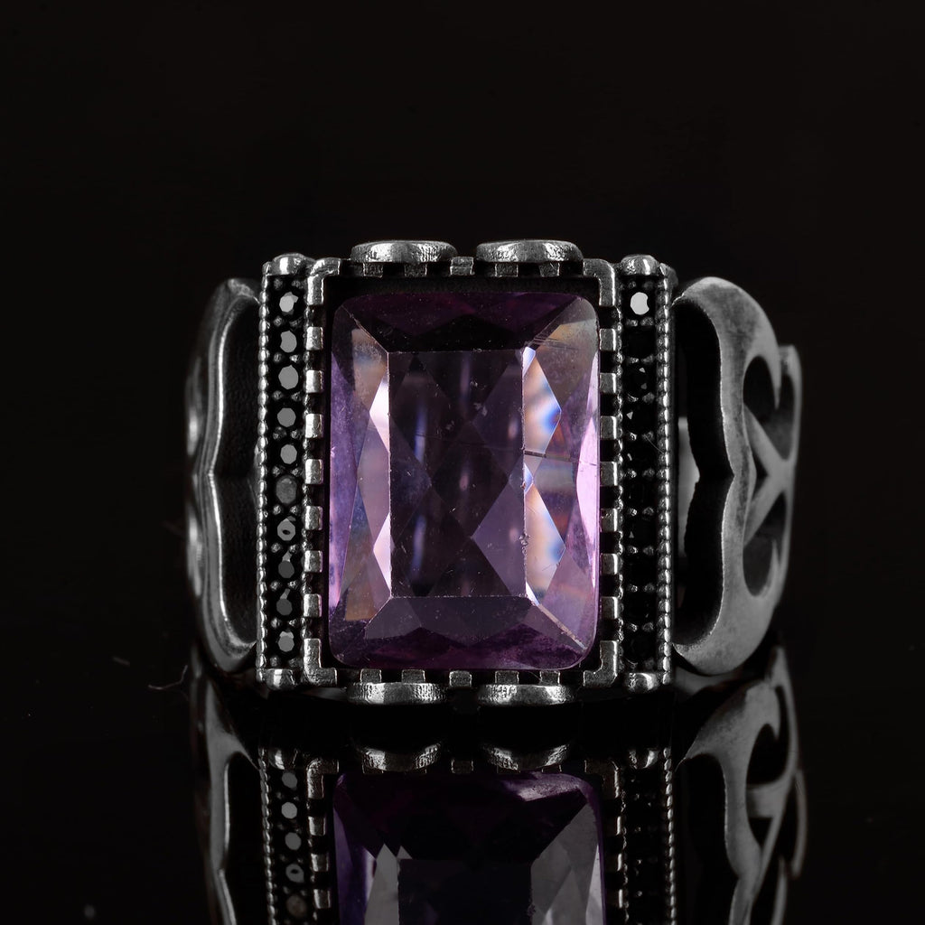 KAMBO Sultan Men's Ring, 925 Sterling Silver Ring, Handmade Unique Ring, Created Amethyst Stone Ring, Gift for Himself — 4