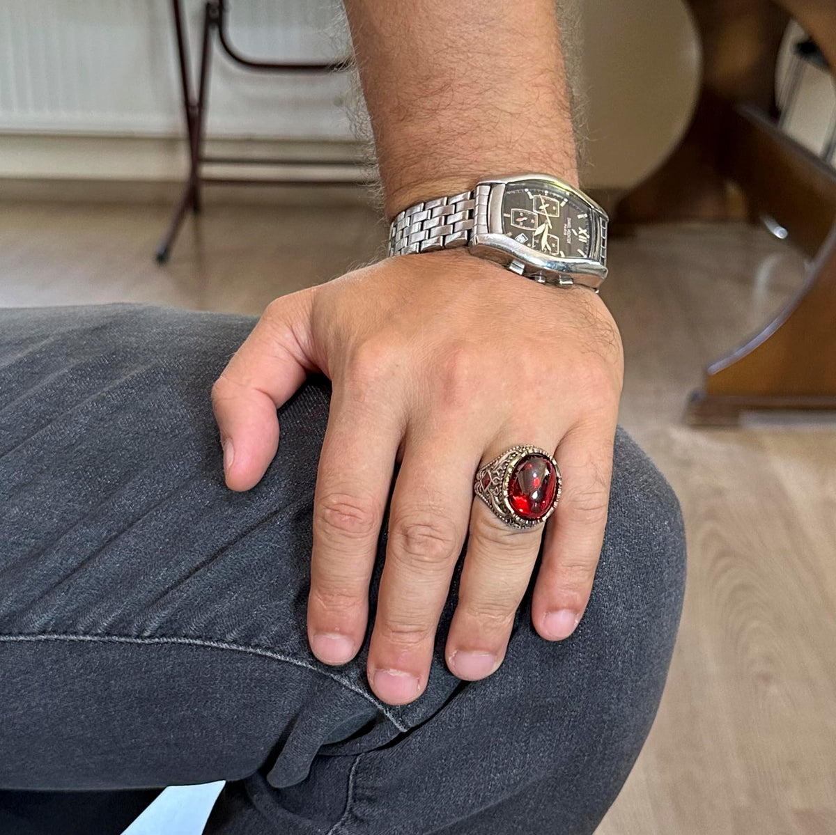 Synthetic Stone Ring - Handmade Men's Ring - Stylish 925 Sterling Silver Men's Jewelry (Cabochon Garnet) — 3
