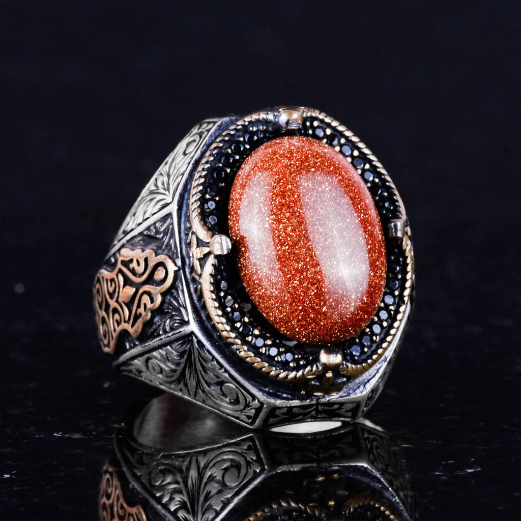 925 Sterling Silver Men's Ring, Brown Synthetic Sunstone Ring, Stylish Silver Men's Ring — 6