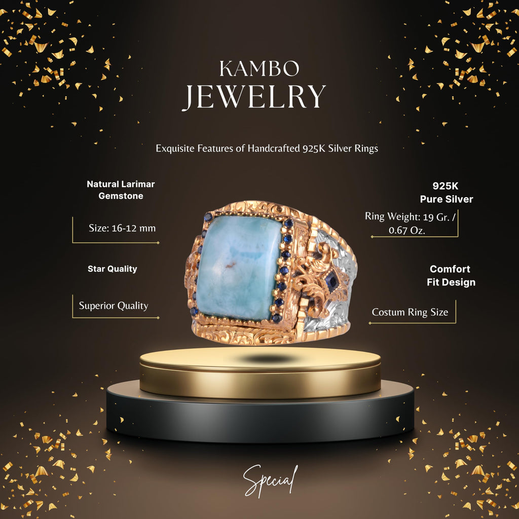 KAMBO Natural Larimar Stone Men's Ring – Silver Gold Plated Blue Stone Detailed 925 Sterling Silver Square Cabochon Larimar Ring – Handmade Expression Jewelry — 2
