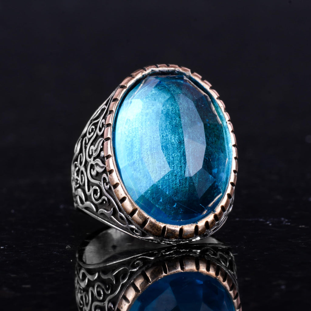 Synthetic Stone Ring, 925 Sterling Silver Men's Ring, Large Ring (Synthetic Aquamarine Stone) — 4