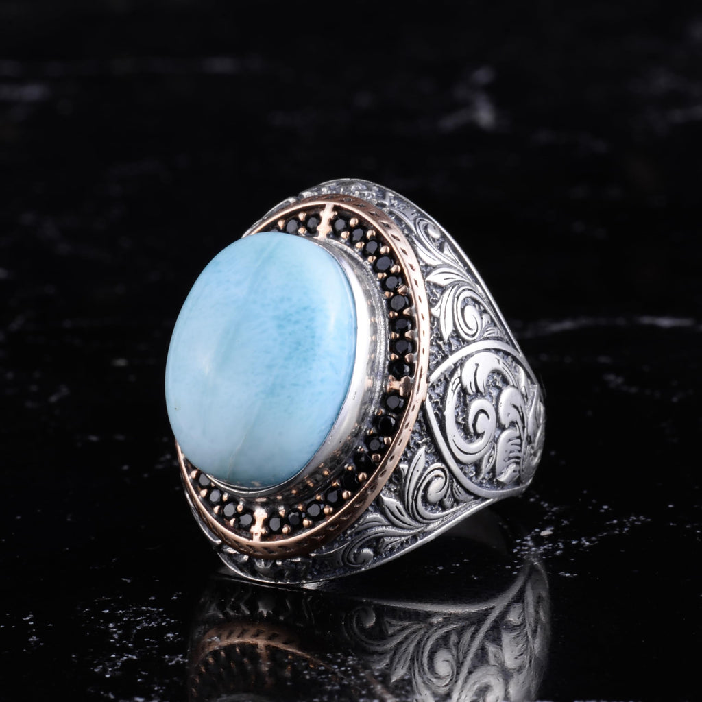 Men's Natural Stone Large Ring – Oval Stone Vintage Byzantine Engraved Statement Ring - Antique Filigree 925 Sterling Silver Jewelry (Larimar) — 5