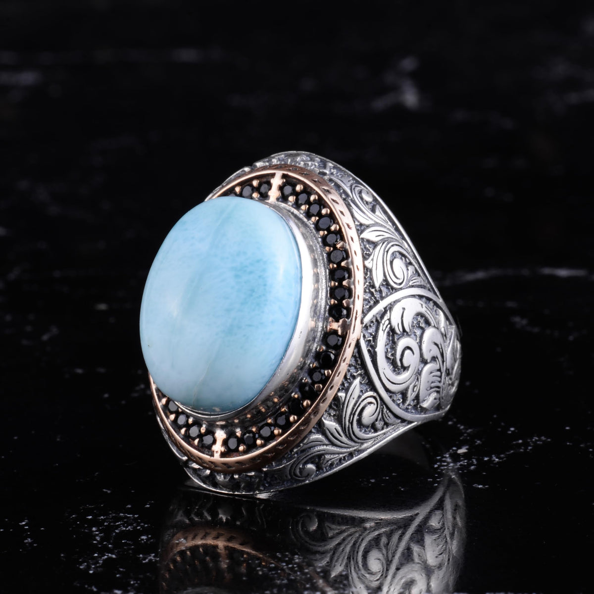 Men's Natural Stone Large Ring – Oval Stone Vintage Byzantine Engraved Statement Ring - Antique Filigree 925 Sterling Silver Jewelry (Larimar) — 5