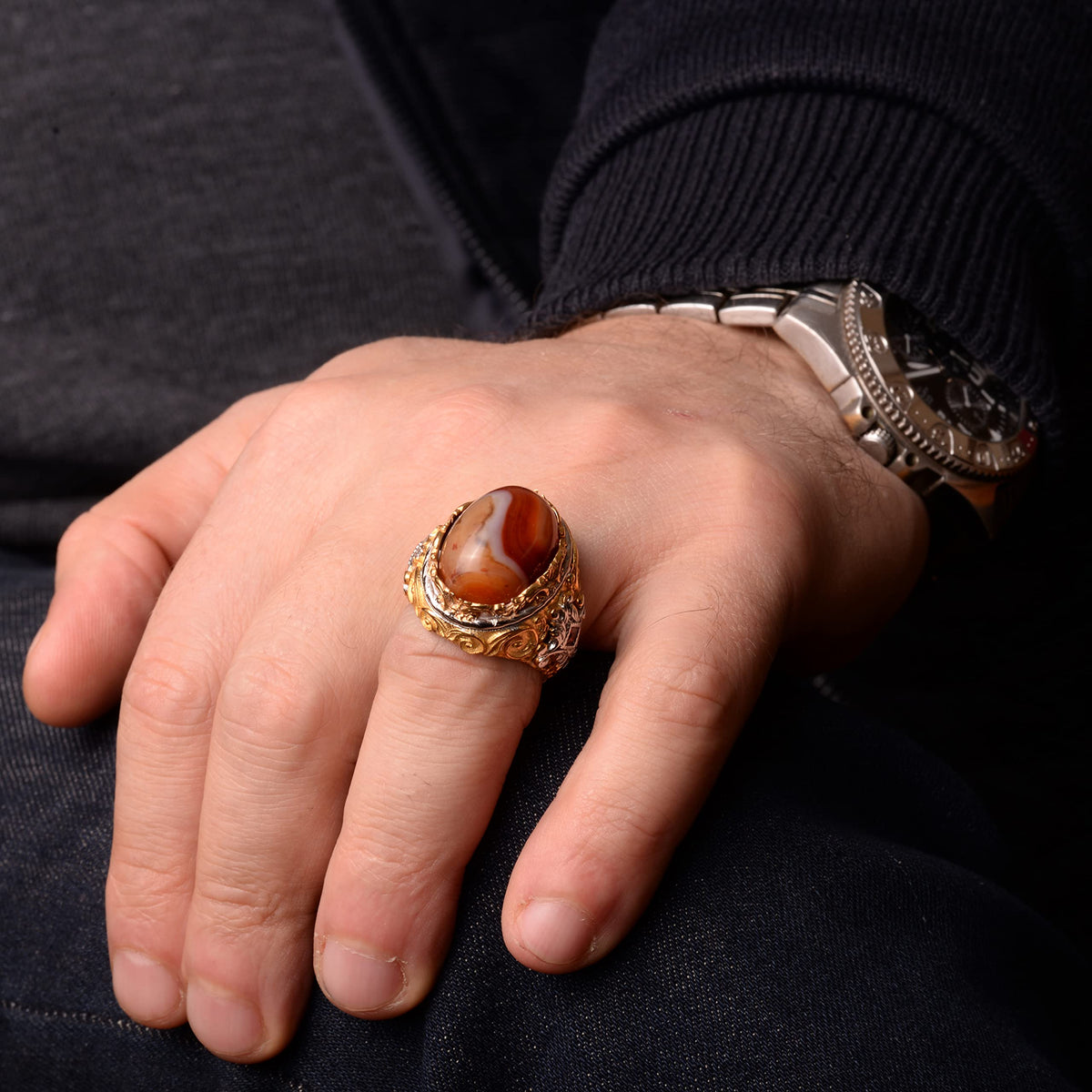 Natural Wood Stone Men's Ring, 925 Sterling Silver Ring — 7