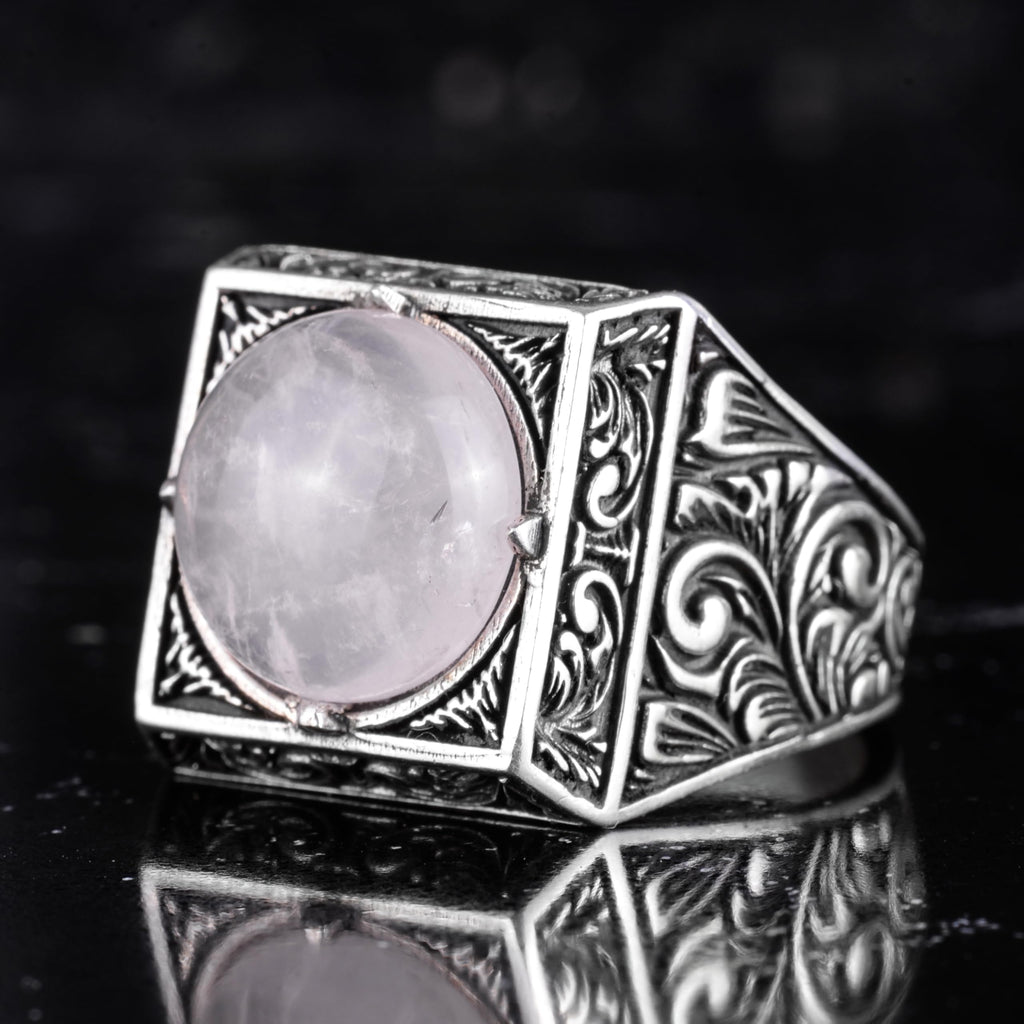KAMBO Natural Round Stone Square Men's Ring 925 Sterling Silver – Ottoman Pattern Handmade (Model-2) — 4