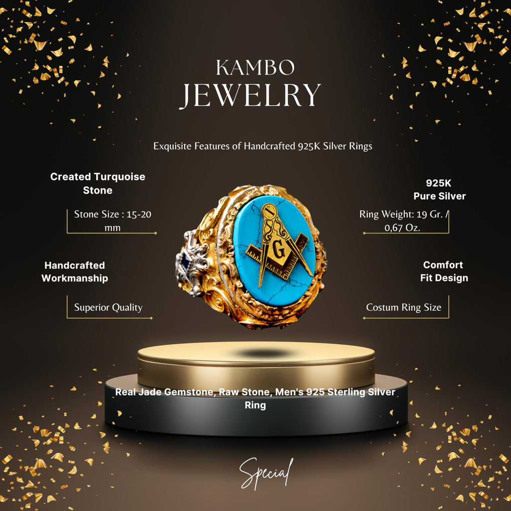 KAMBO Natural Turquoise Gemstone Men's Masonic Ring, Handcrafted 925 Sterling Silver with Intricate Signet Design, Uniqu