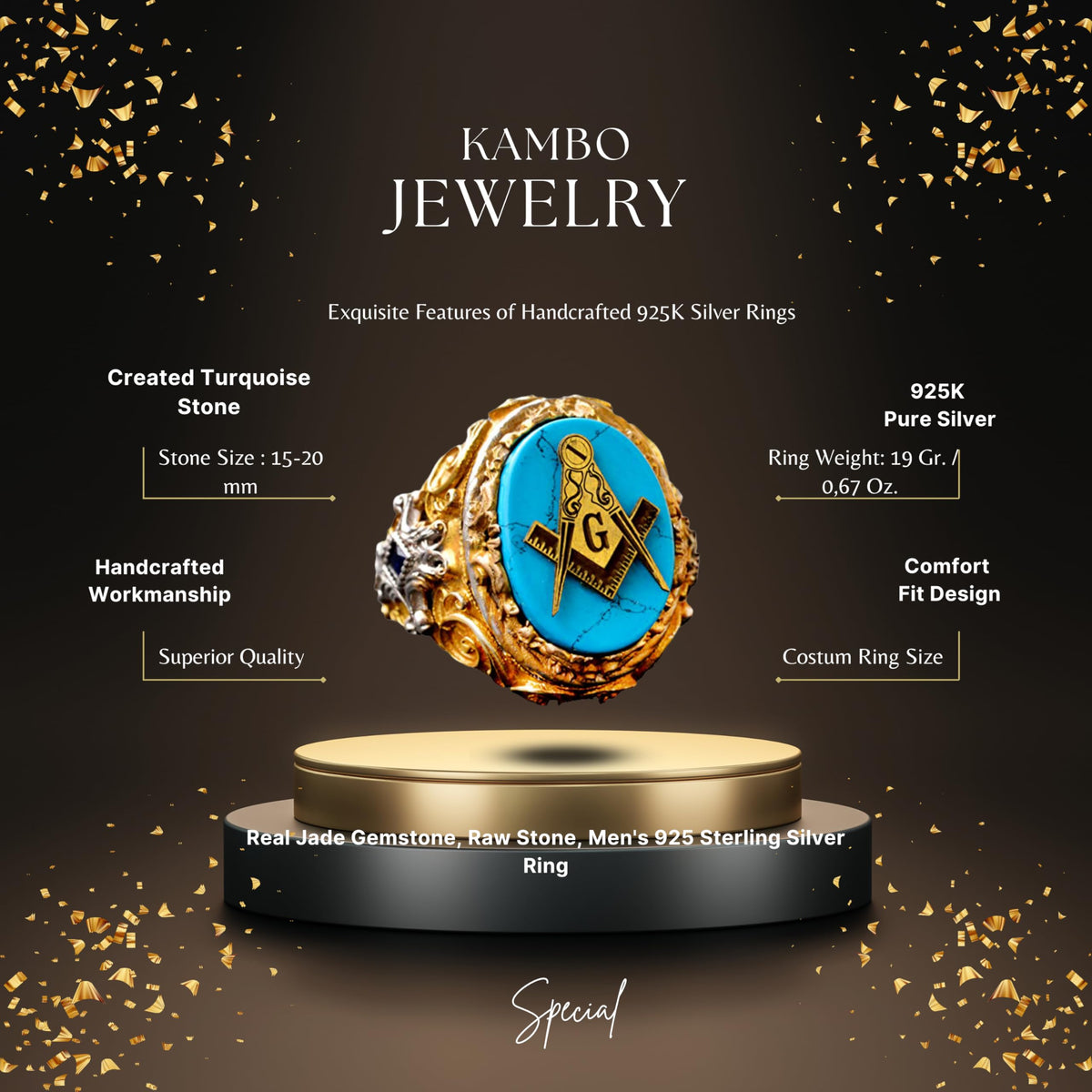 KAMBO Natural Turquoise Gemstone Men's Masonic Ring, Handcrafted 925 Sterling Silver with Intricate Signet Design, Uniqu