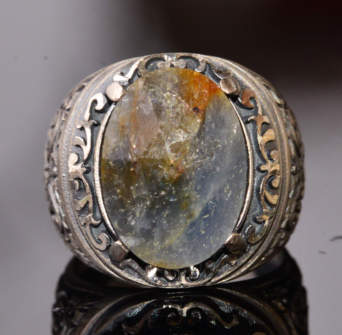 KAMBO Natural Sapphire Men's Sterling Silver Ring Handmade Vintage Christmas Statement Jewelry 925 Sterling Silver Gift 
