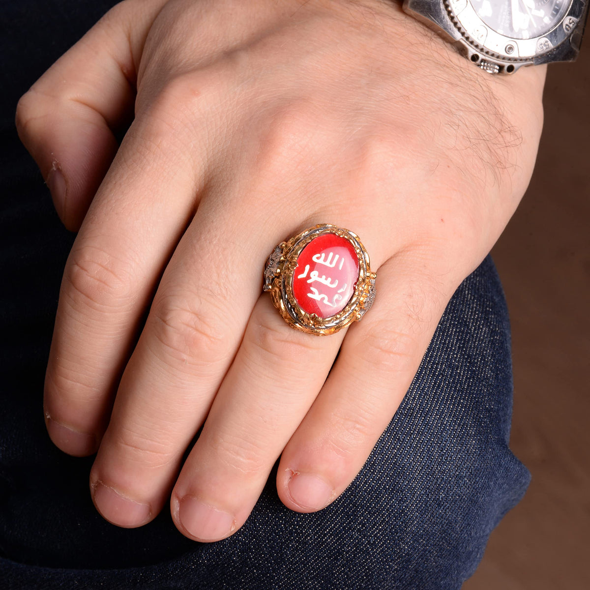KAMBO Handmade 925 Sterling Silver Men's Ring with Created Red Agate Stone, Islamic Calligraphy Design, Vintage Statemen