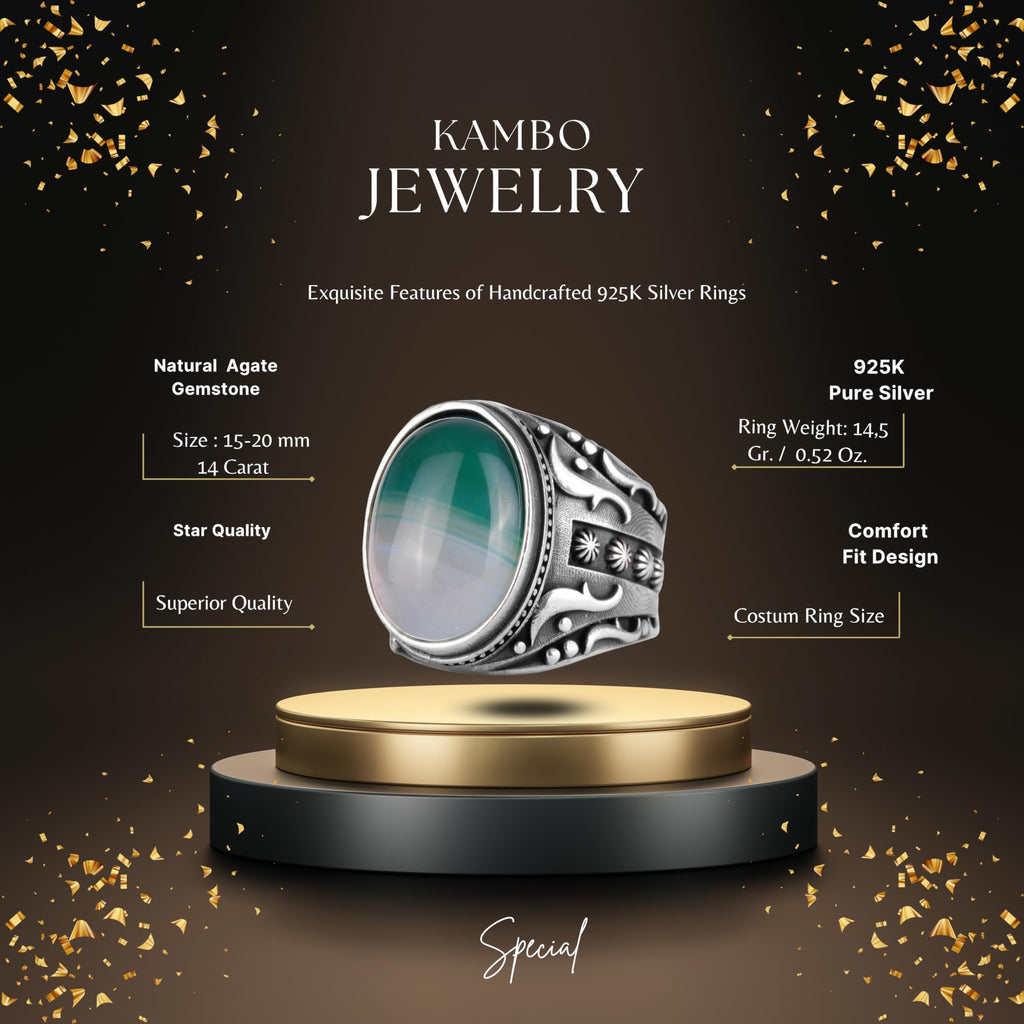 KAMBO Men's Natural Agate Ring – 925 Sterling Silver Flower Pattern Ring – Handmade Vintage Style Statement Ring for Men (Agate-5) — 2