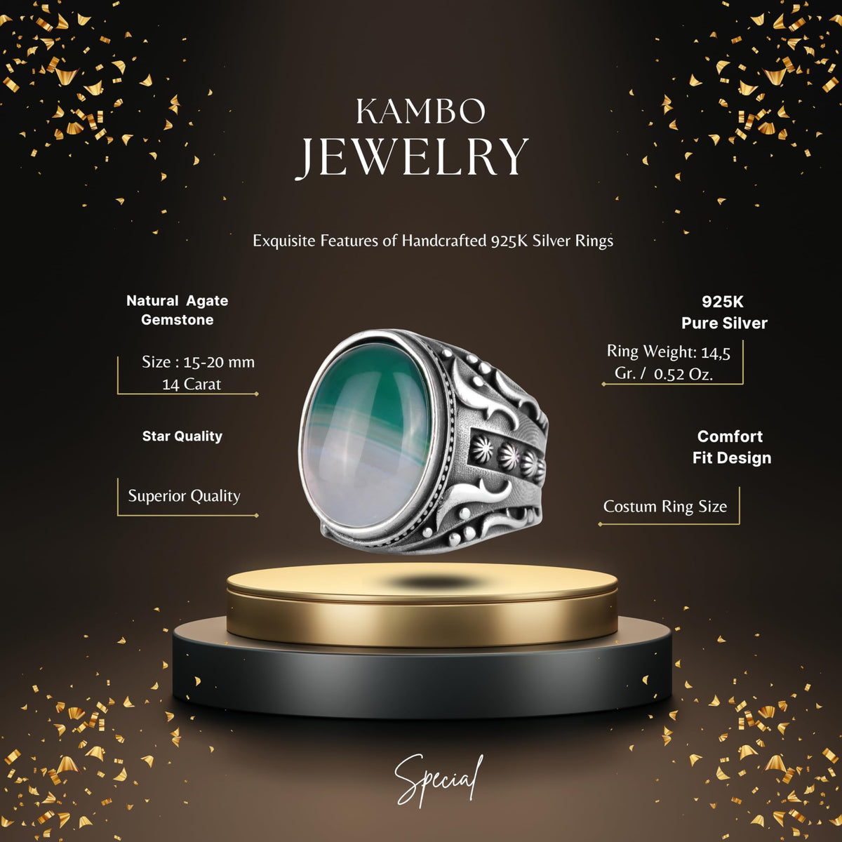 KAMBO Men's Natural Agate Ring – 925 Sterling Silver Flower Pattern Ring – Handmade Vintage Style Statement Ring for Men (Agate-5) — 2