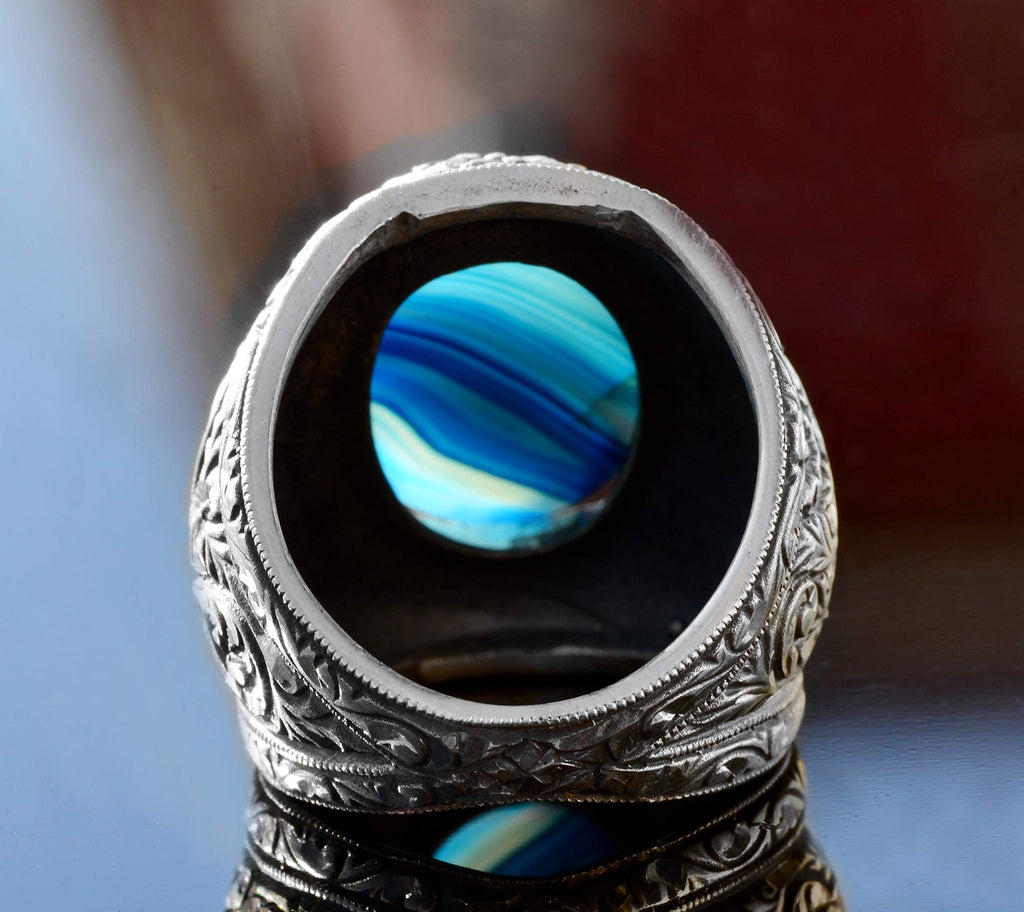 KAMBO 925 Sterling Silver Men's Big Ring, Natural Blue Agate Silver Ring, Steel Pen Craft Design — 7