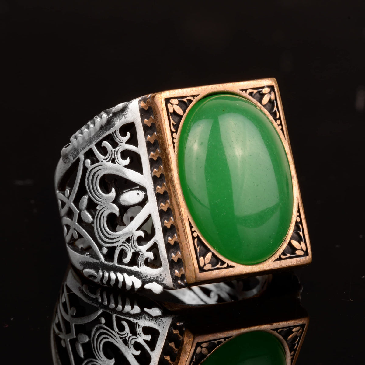KAMBO Natural Gemstone Ring, 925 Sterling Silver Ring (Jade) — 4