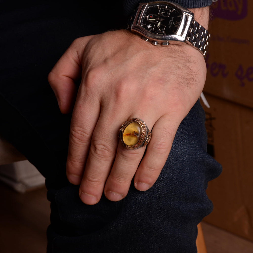 925 Sterling Silver Men's Ring, Amber Stone Ring — 2