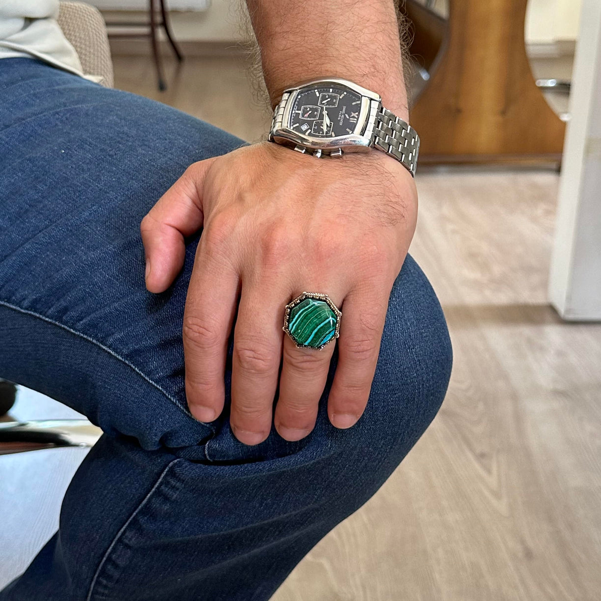 Natural Stone Ring - Octagonal Design - Handcrafted 925 Sterling Silver (Chrysocolla) — 3