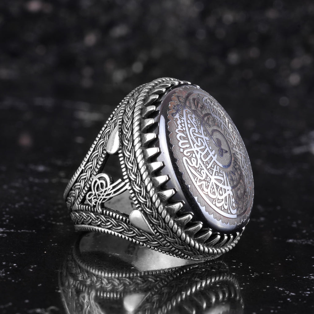 KAMBO Natural Hematite Stone Ring – 925 Sterling Silver Ottoman Tugra Design – Islamic Men's Statement Ring (Allah Arabic Calligraphy) — 5