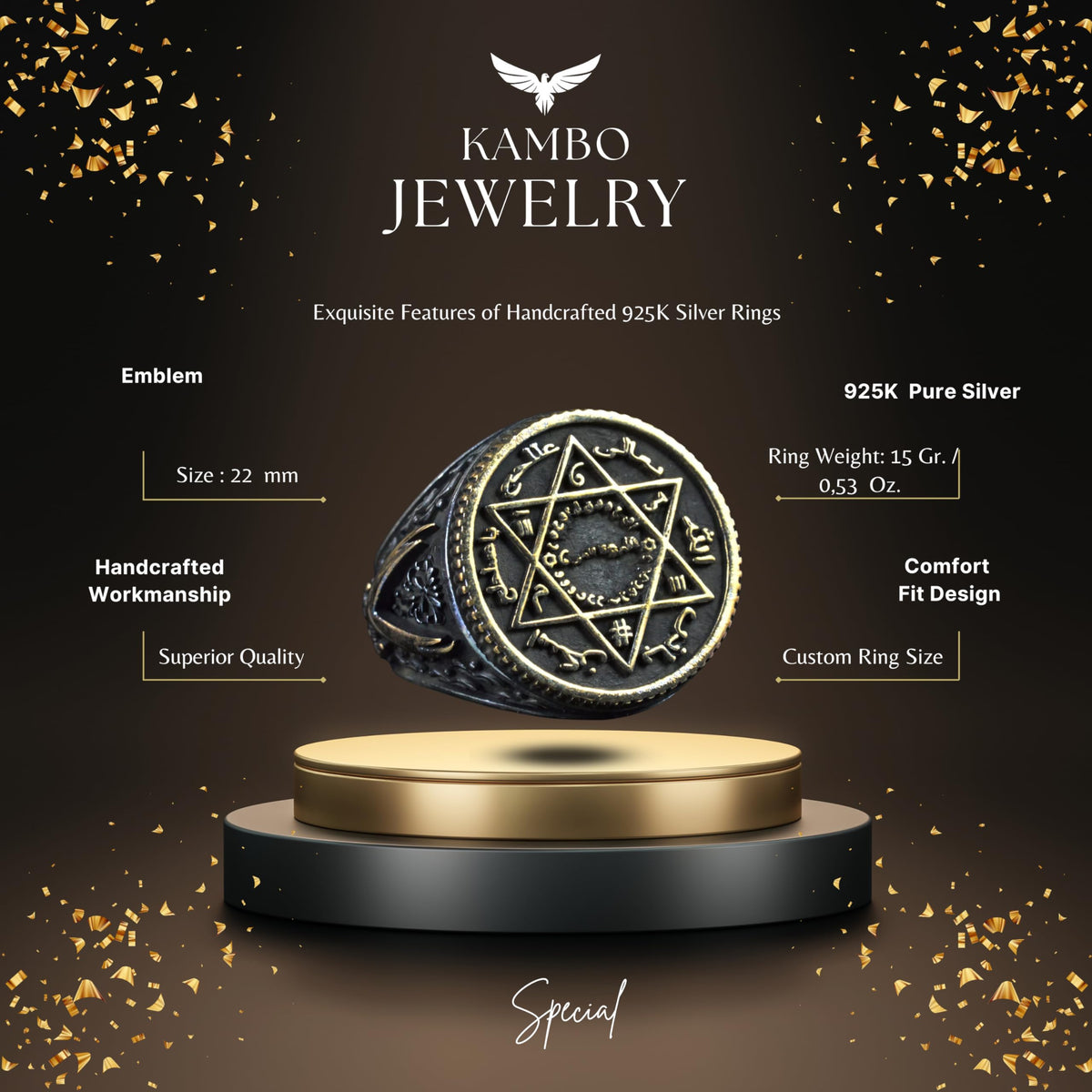 Handmade Islamic Star Design Ring - 925 Sterling Silver Men's Ring with Written Inscriptions — 2
