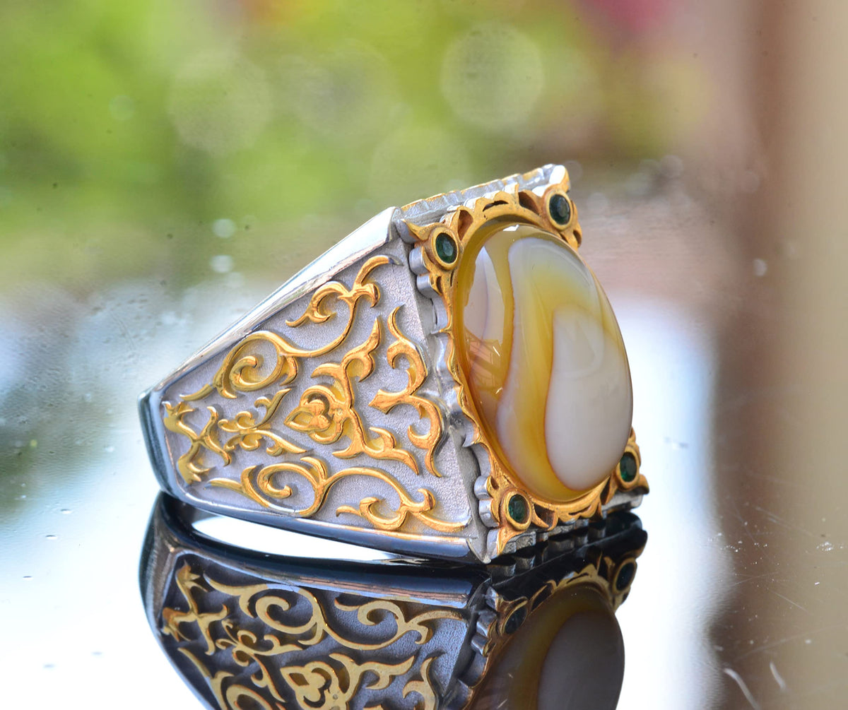 Natural Mother of Pearl Stone Men's Ring, Handmade Gold Carving Design, 925 Sterling Silver Ring — 4