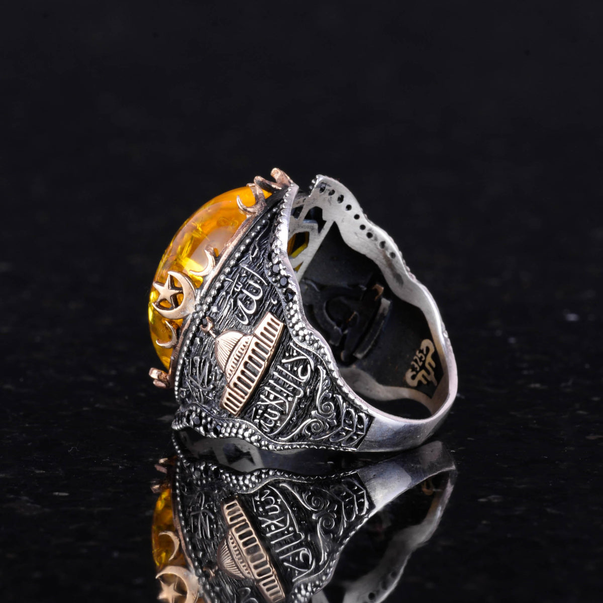 925 Sterling Silver Men's Ring, Ring with Synthetic Honey Amber Stone — 5
