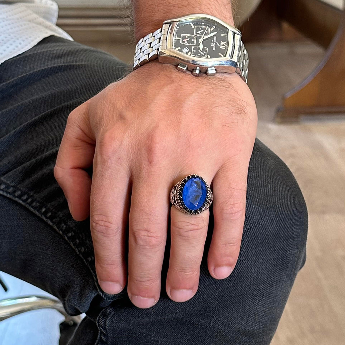 925 Sterling Silver Ring, Artificial Stone Ring, Eagle Symbol Ring, Handmade Ring (Artificial Blue Paraiba) — 3