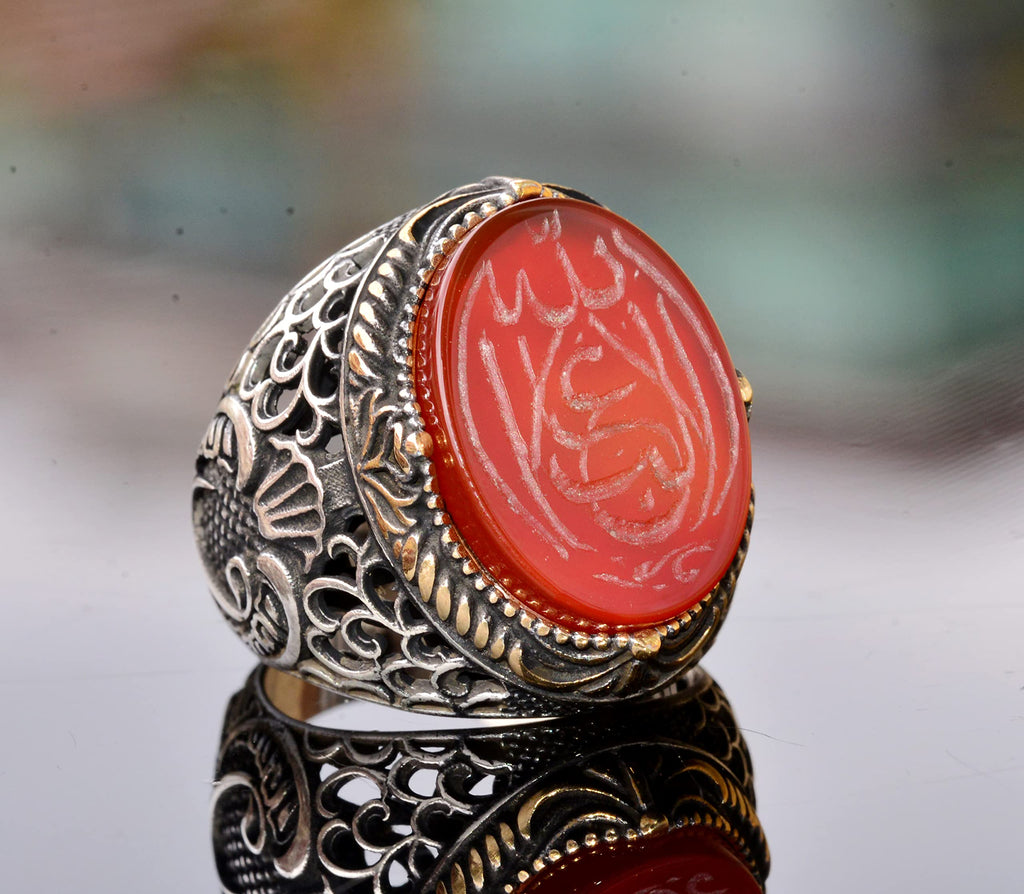 KAMBO Natural Agate Gemstone Ring Handmade 925 Sterling Silver Men's Islamic Arabic Vintage Statement Ring Elegant Gift 