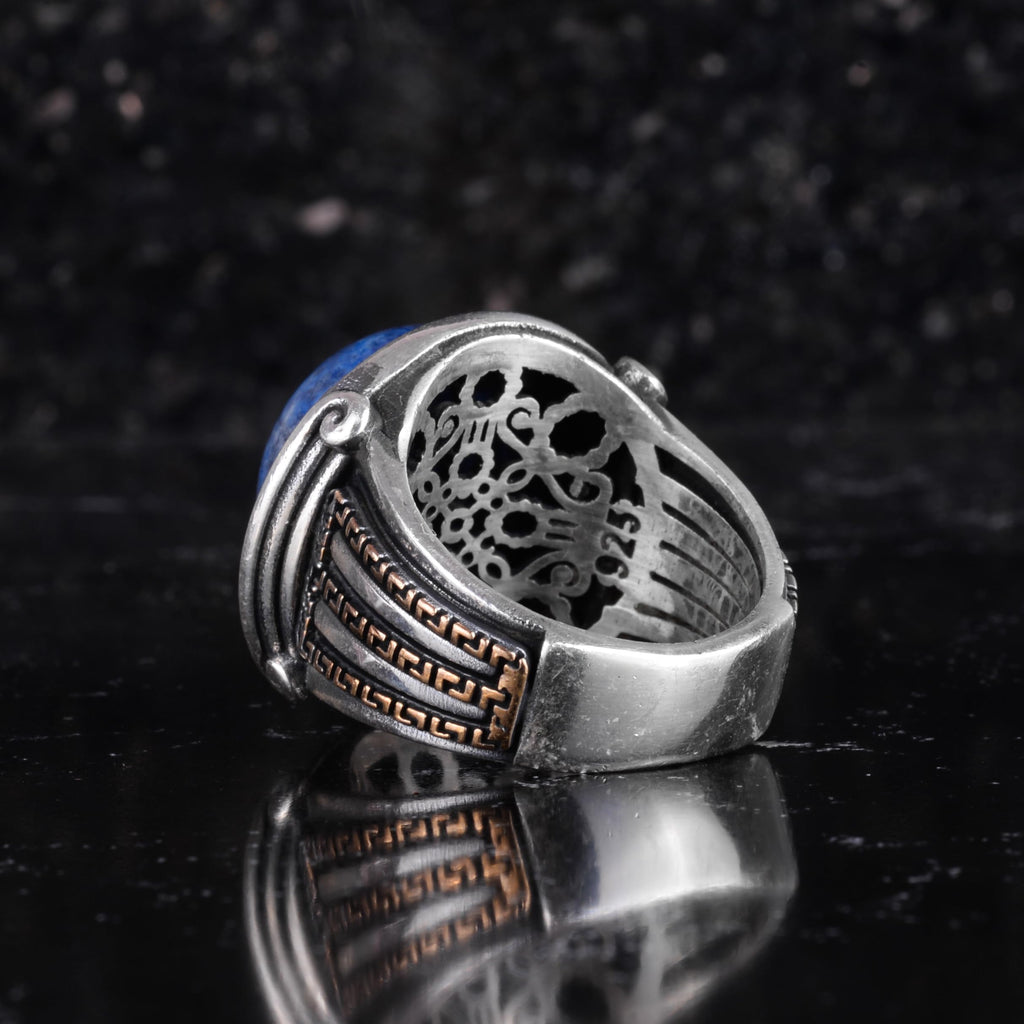 KAMBO Stone Round Men's Ring 925 Sterling Silver – Cabochon Handmade Vintage Greek Pattern Statement Ring (Lapis Lazuli) — 7