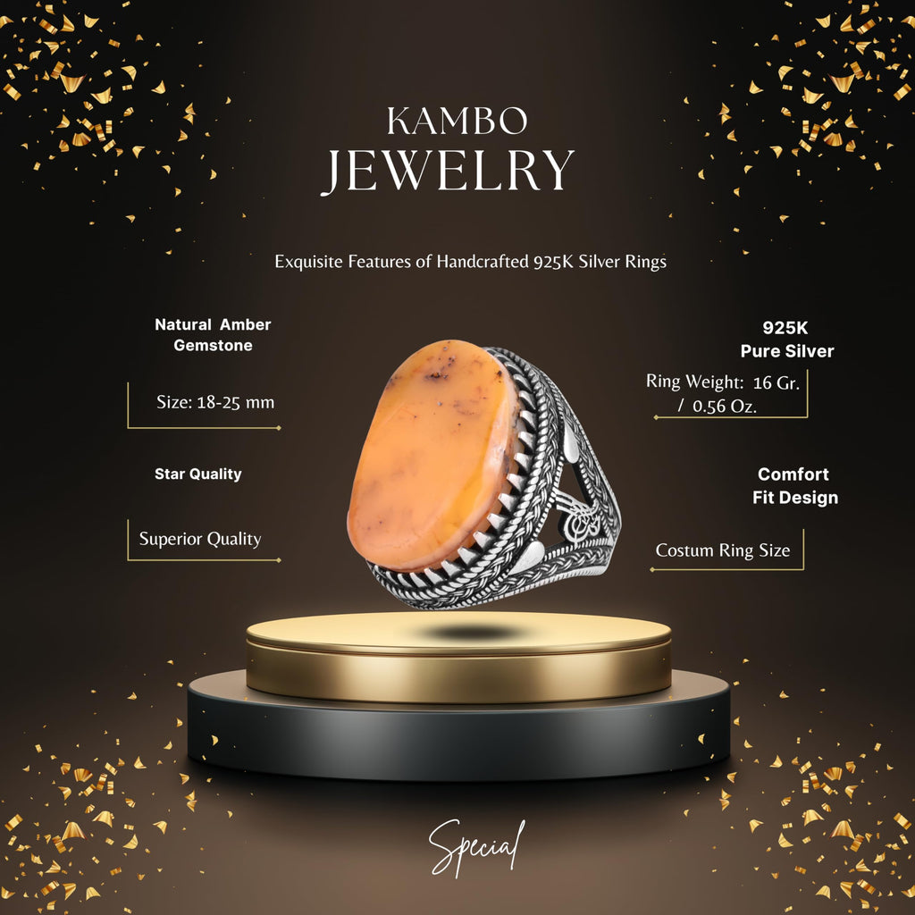 KAMBO Men's Natural Stone Ring – 925 Sterling Silver Large Statement Ring – Handmade Ottoman Pattern Jewelry (Amber) — 2