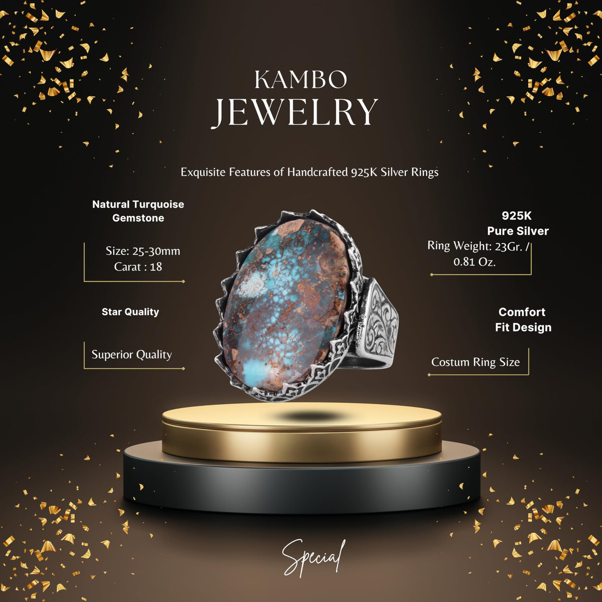 KAMBO Natural Turquoise Large Men's Ring 925 Sterling Silver Oval Statement Ring Raw Stone Vintage Handmade Ring (Turquoise-2) — 2