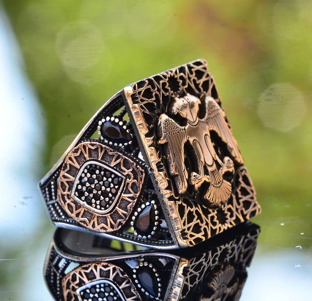 KAMBO Handmade 925 Sterling Silver Double Headed Eagle Ring for Men, Gothic Vintage Statement Jewelry, Large Animal Desi