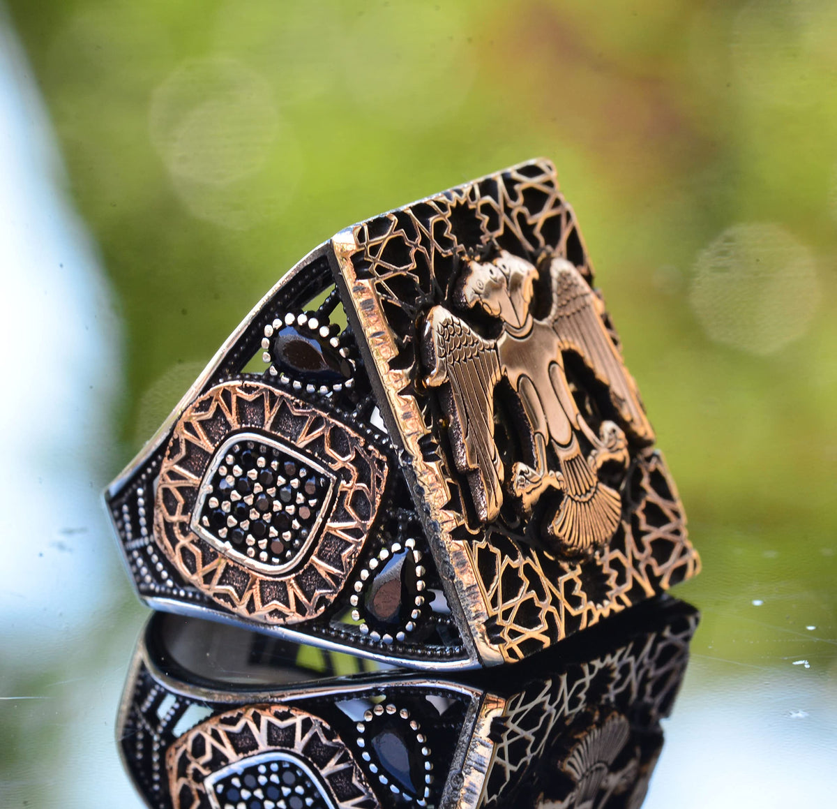 KAMBO Handmade 925 Sterling Silver Double Headed Eagle Ring for Men, Gothic Vintage Statement Jewelry, Large Animal Desi