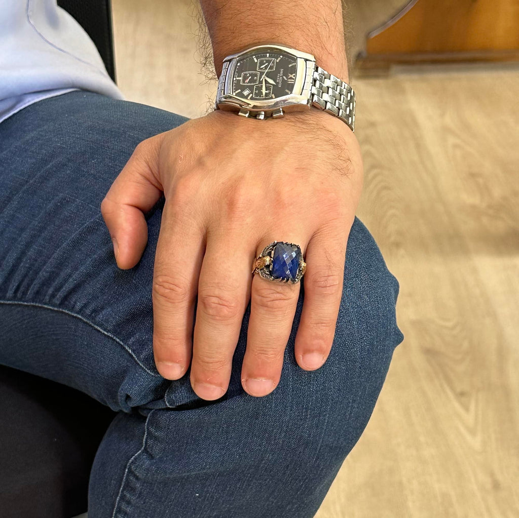 Kambo Synthetic Sapphire Stone Eagle Symbol Handcrafted 925 Sterling Silver Ring — 3