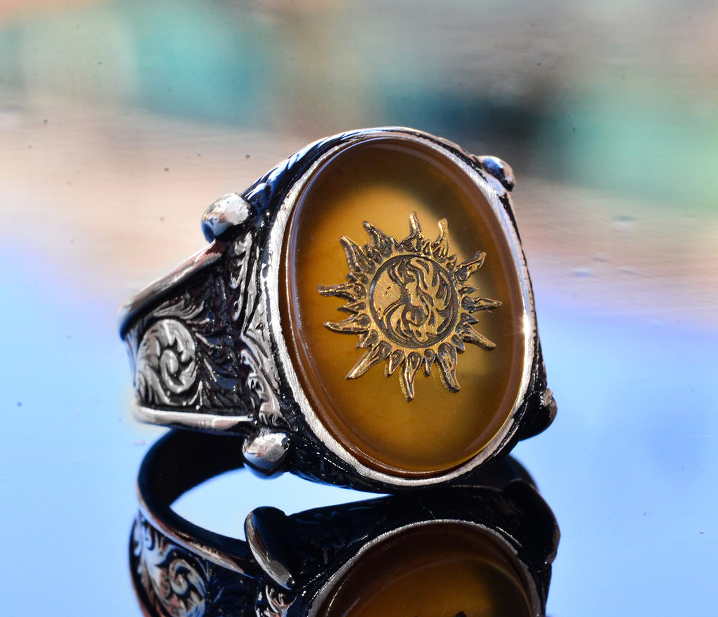 925 Sterling Silver Men's Ring with Created Yellow Agate Stone, Sun Design