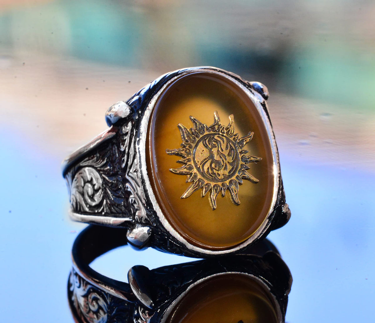 925 Sterling Silver Men's Ring with Created Yellow Agate Stone, Sun Design