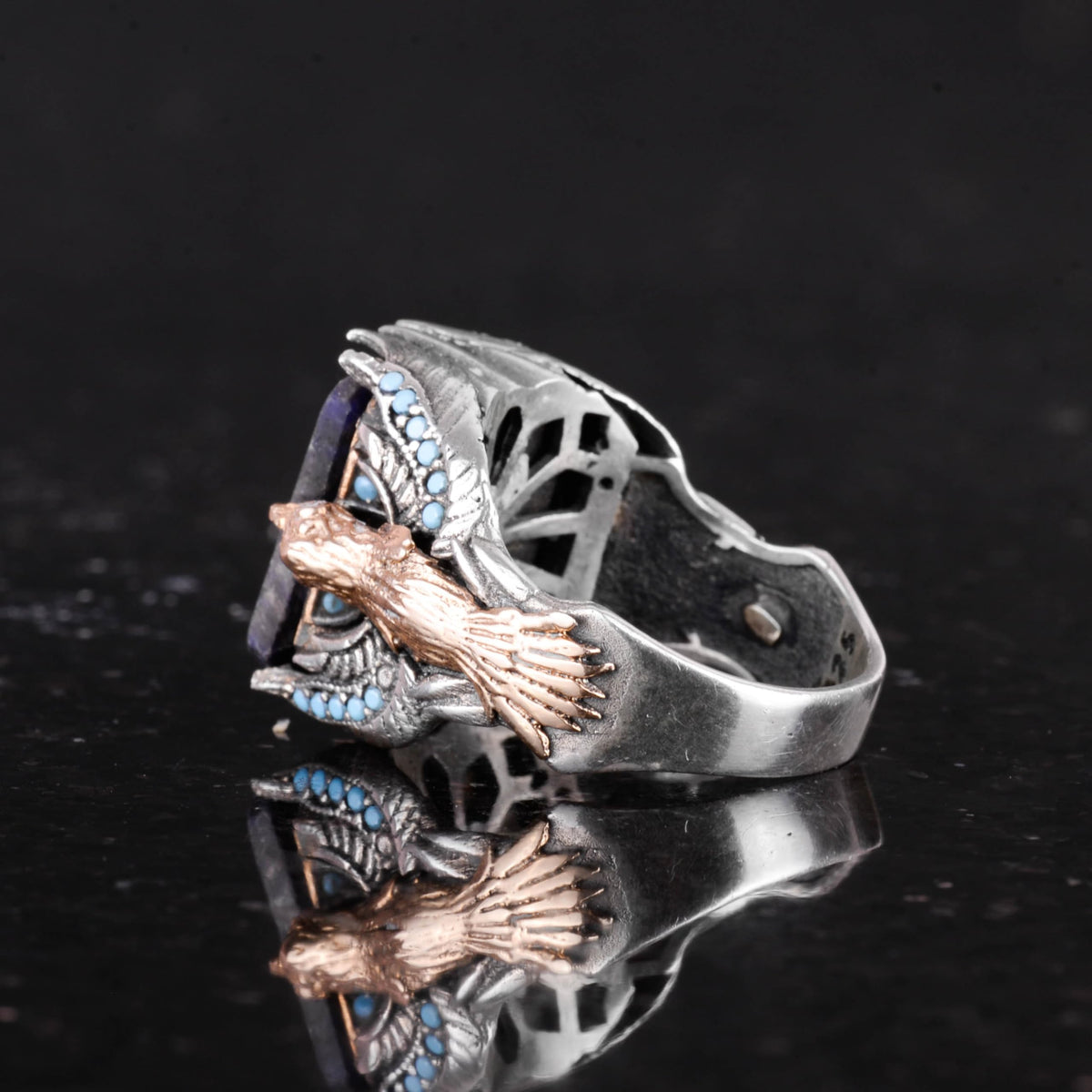Handmade 925 Sterling Silver Men's Ring - Magnificent Eagle Design, Sunstone — 7