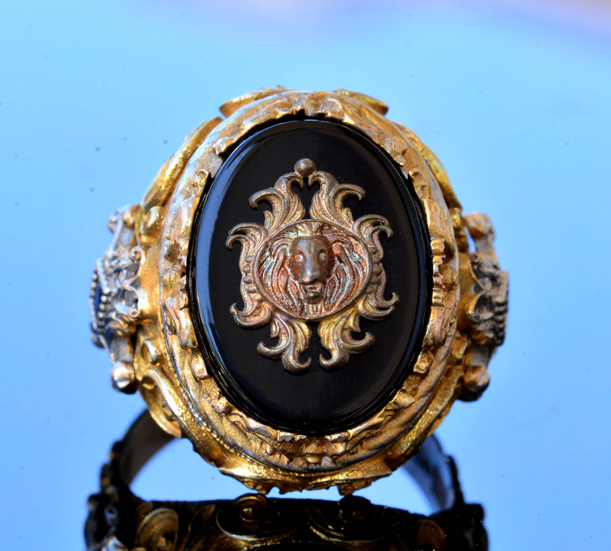 Handmade Onyx Ring - 925 Sterling Silver Men's Gold Plated Ring (Lion) — 5