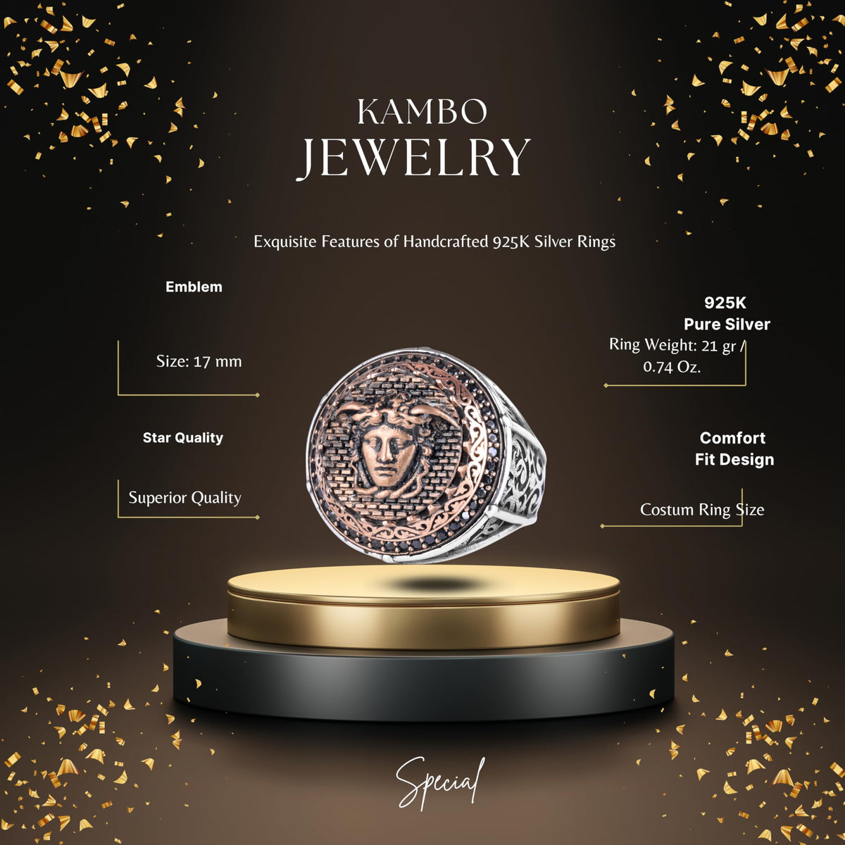 KAMBO Symbol Ring for Men 925 Sterling Silver Round Ring with Bronze Detail Handmade Ottoman Style Statement Jewelry (Medusa Head) — 2
