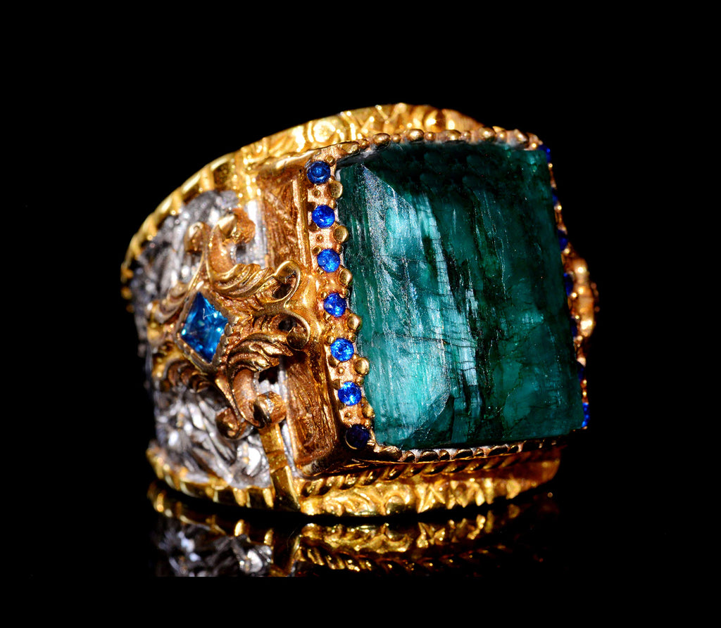 925 Sterling Silver Men's Ring, King Ring, Natural Rectangular Emerald Stone — 3