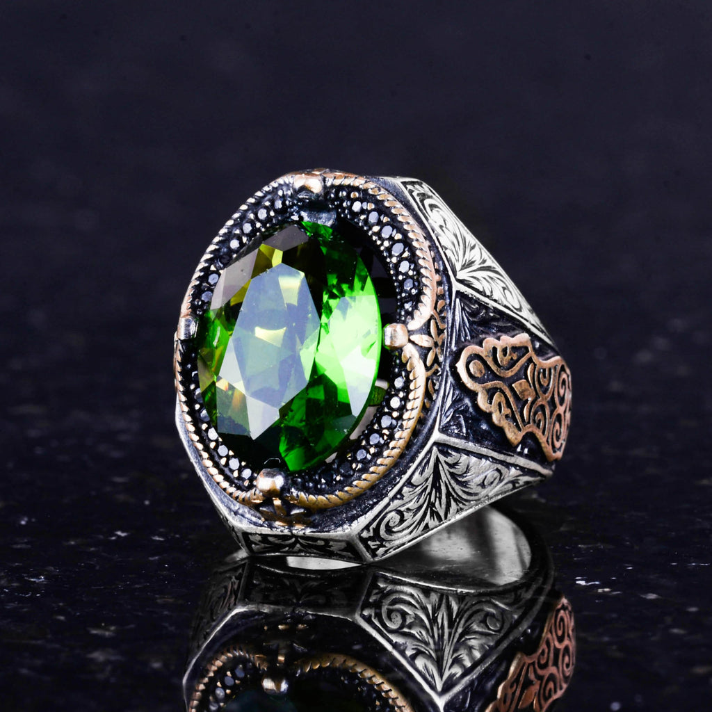 Green Synthetic Stone Ring, 925 Sterling Silver Design Ring, Silver Men's Ring — 5