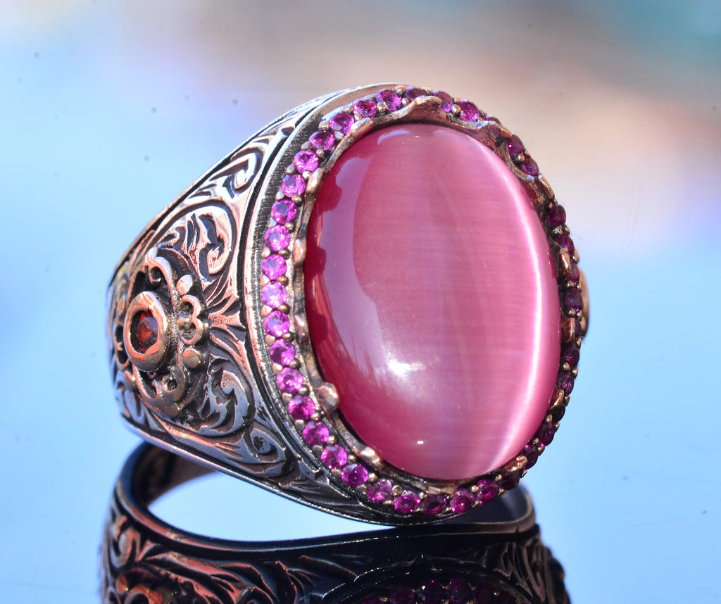 925 Sterling Silver Men's Ring - Pink Cat's Eye Stone King Ring - Handmade Men's Jewelry — 5